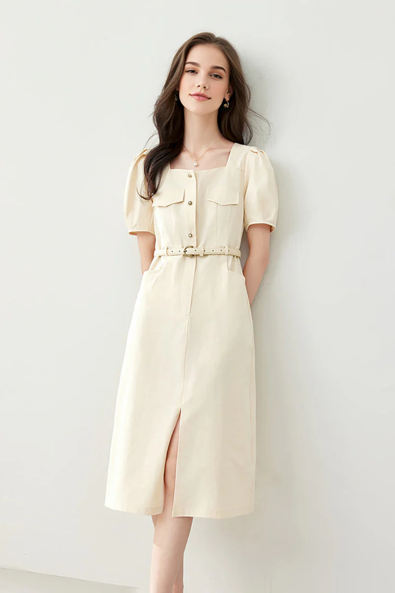 Ivory Cargo Square-Neck Belted Midi Dress