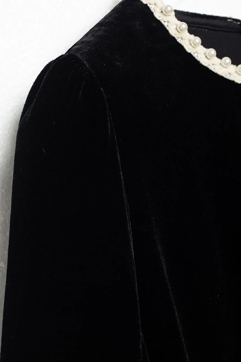 Ostrich-Feather Velvet Elbow-Sleeve Midi Dress with Pearl Trim