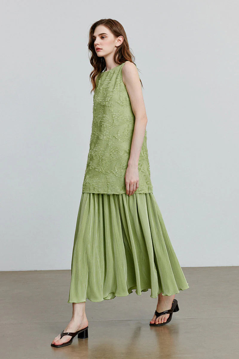 Green Frayed Jacquard Pleated Mixed-Media Midi Dress