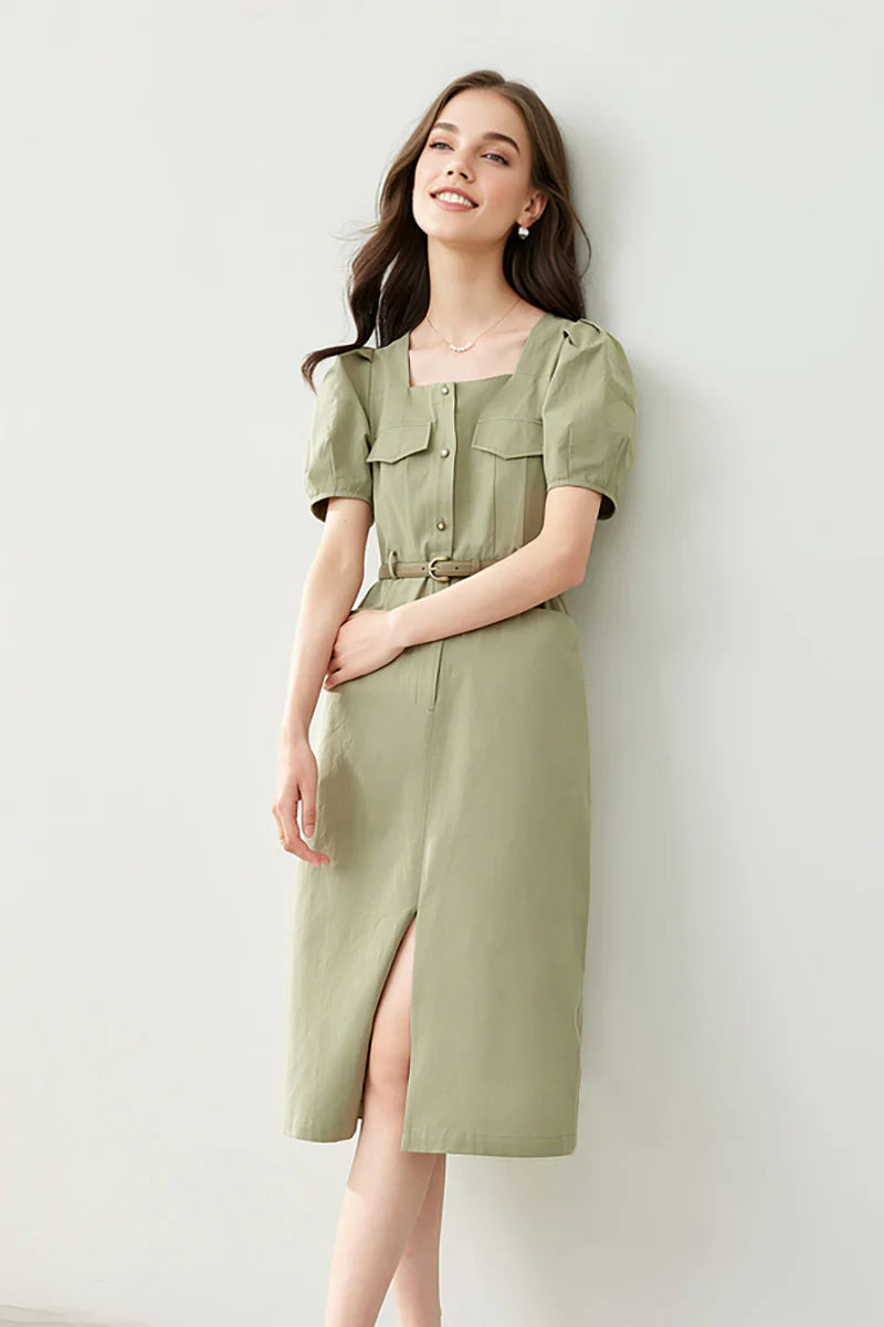 Sage Green Cargo Square-Neck Belted Midi Dress