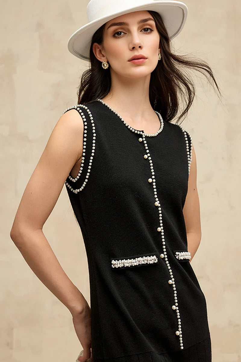 French Sleeveless Handmade Embellished Knit Midi Dress