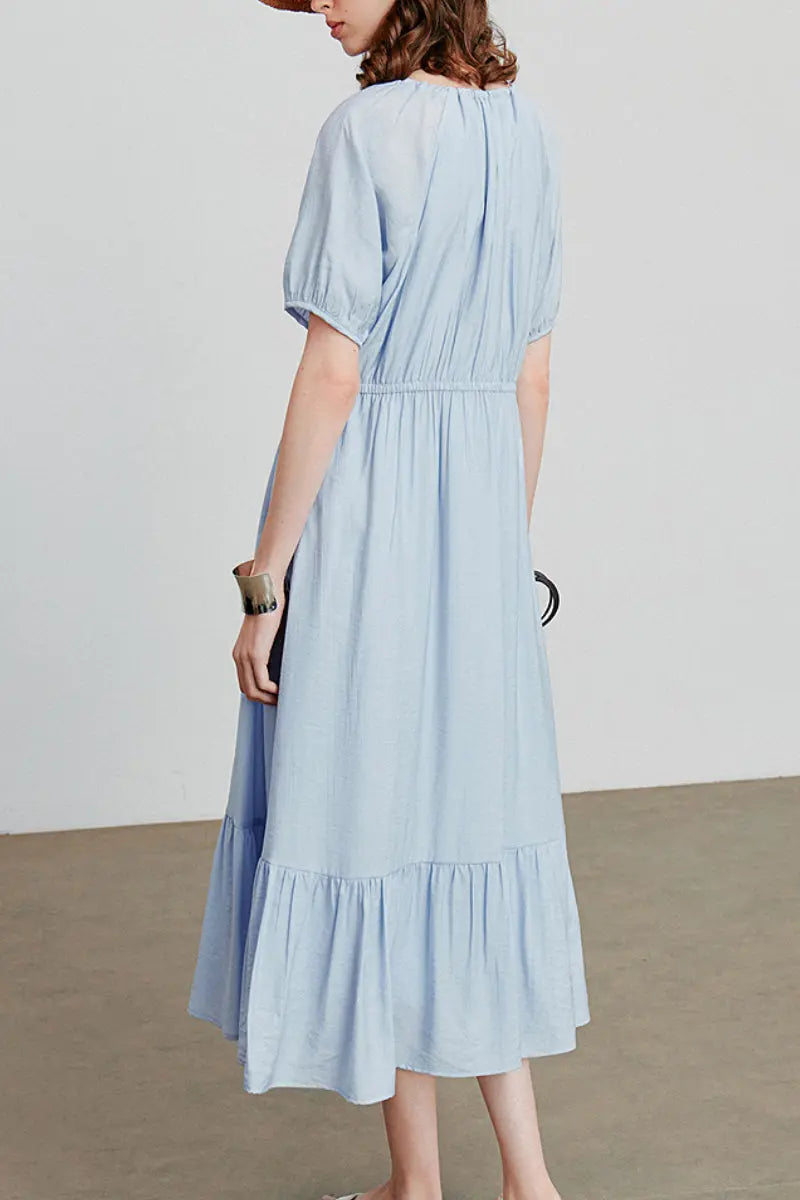 Baby Blue Textured Vacation Midi Dress with Beaded Neckline