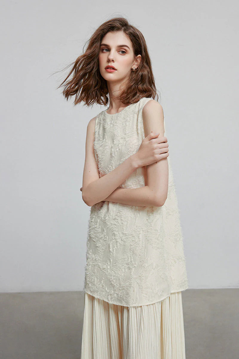 White Pleated Frayed Jacquard Mixed-Media Midi Dress