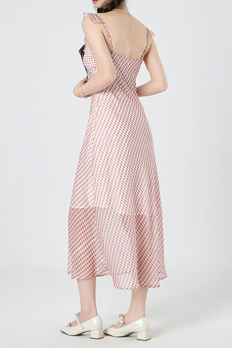 Picnic Gingham Tie-Front Ruffle-Neck Midi Dress