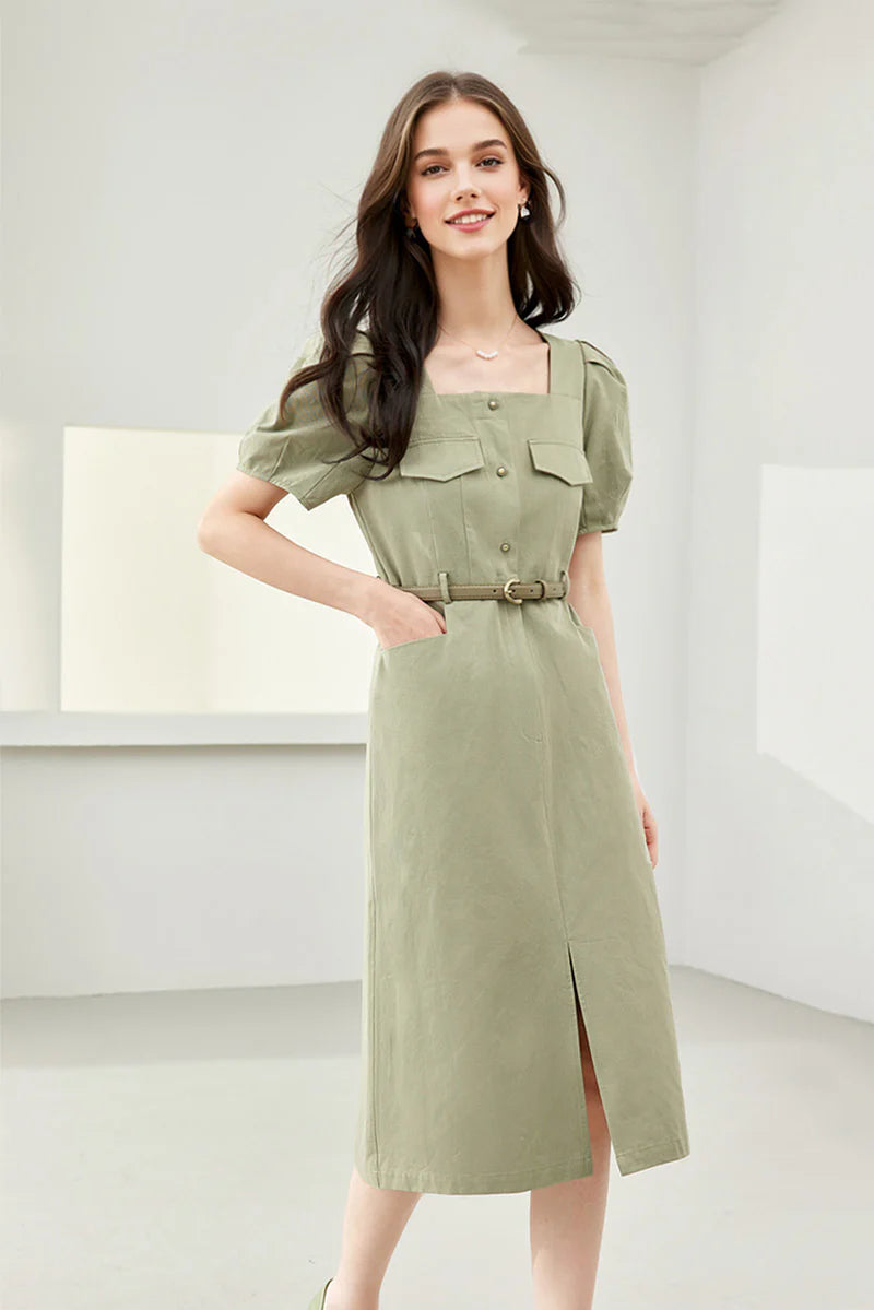 Sage Green Cargo Square-Neck Belted Midi Dress