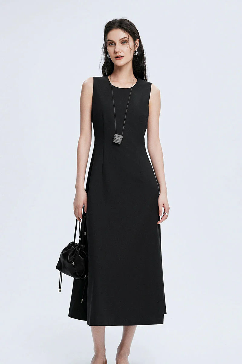 Black Crew-Neck A-Line Tank Midi Dress