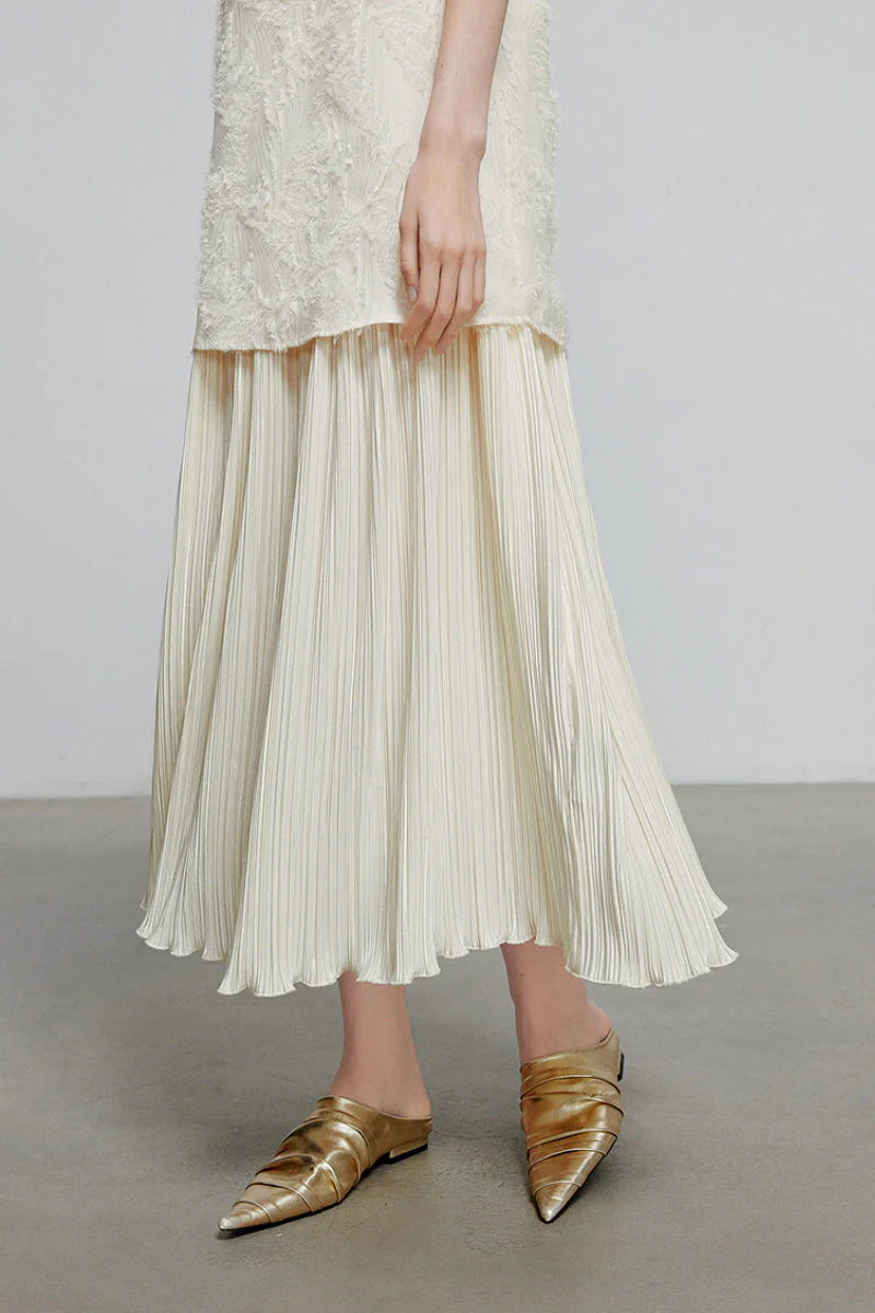 White Pleated Frayed Jacquard Mixed-Media Midi Dress