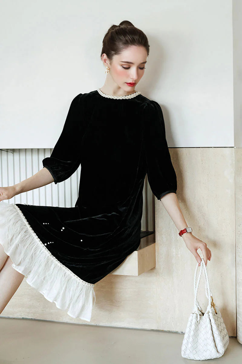 Ostrich-Feather Velvet Elbow-Sleeve Midi Dress with Pearl Trim