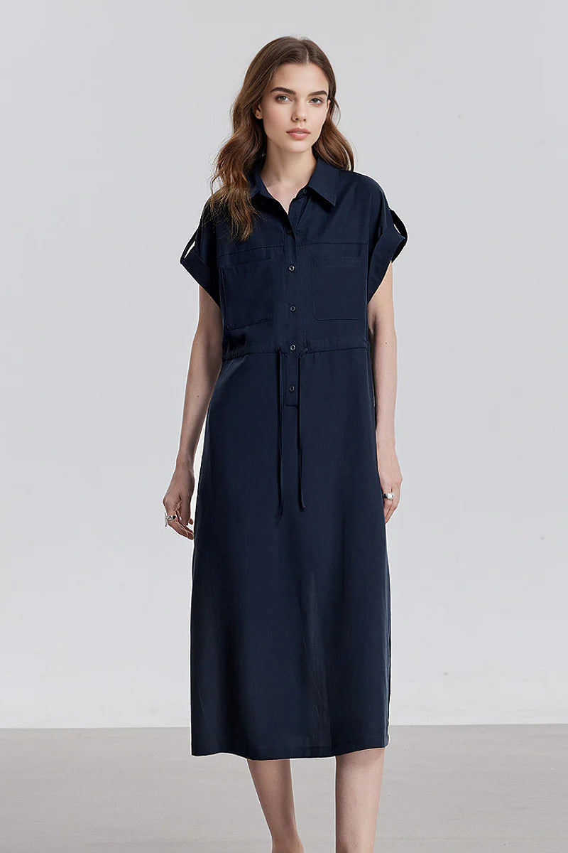 Blue Cap-Sleeve Shirt Midi Dress WIth Belt