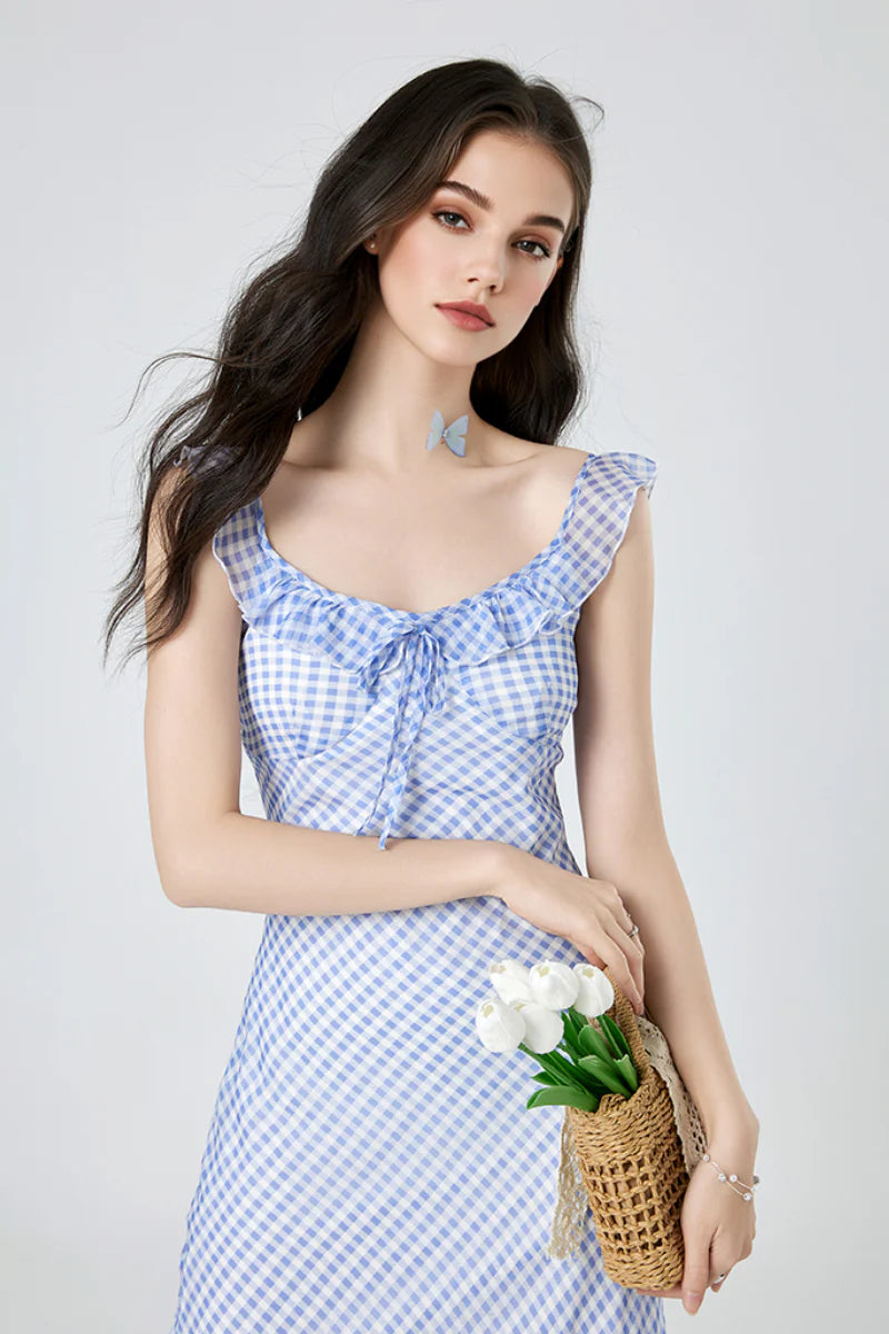 Picnic Gingham Tie-Front Ruffle-Neck Midi Dress