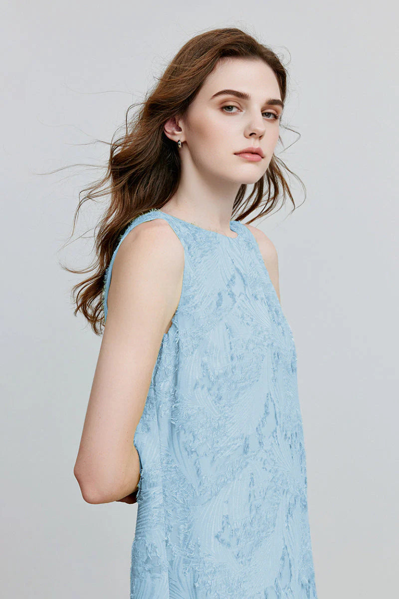 Blue Frayed Jacquard Pleated Mixed-Media Midi Dress