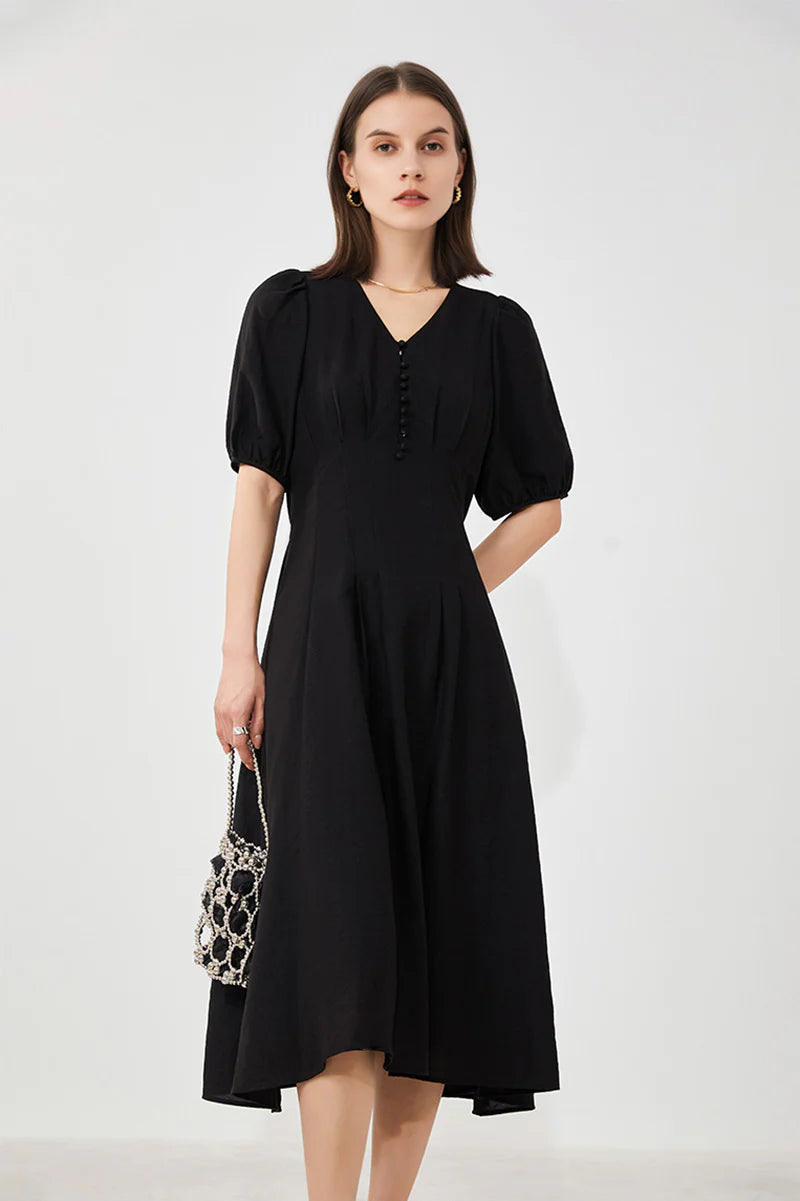 Black V-Neck A-Line Midi Dress