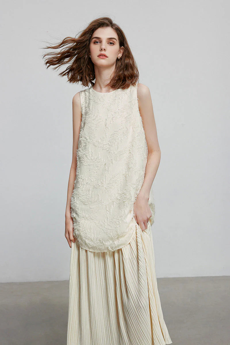 White Pleated Frayed Jacquard Mixed-Media Midi Dress