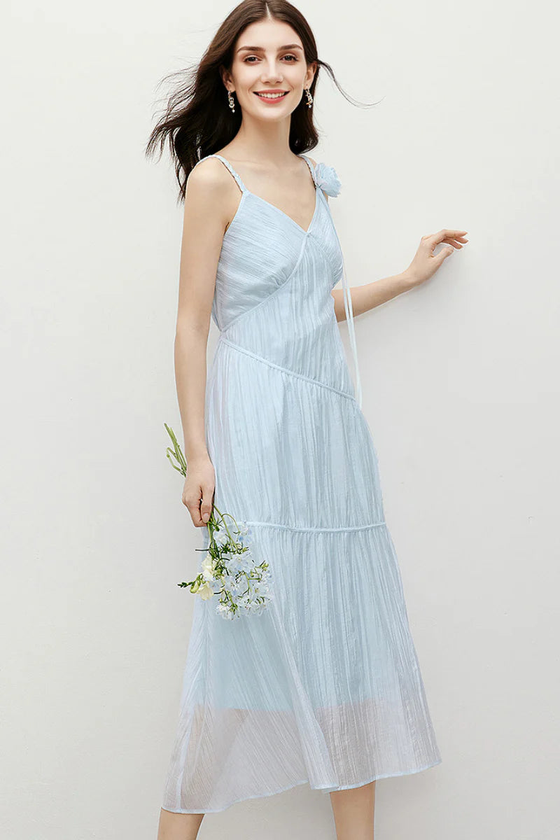 Baby Blue V-Neck Spaghetti-Strap Textured Midi Dress