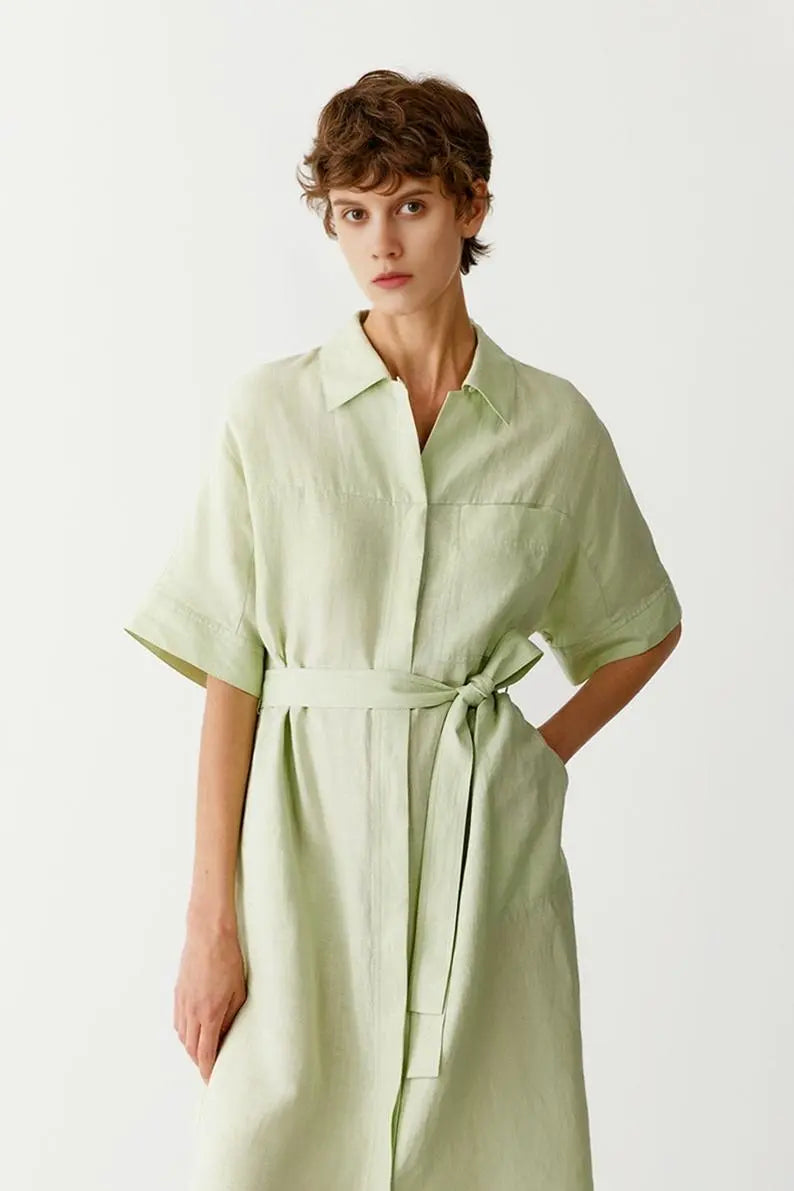 100% Linen Midi Shirt Dress With Belt