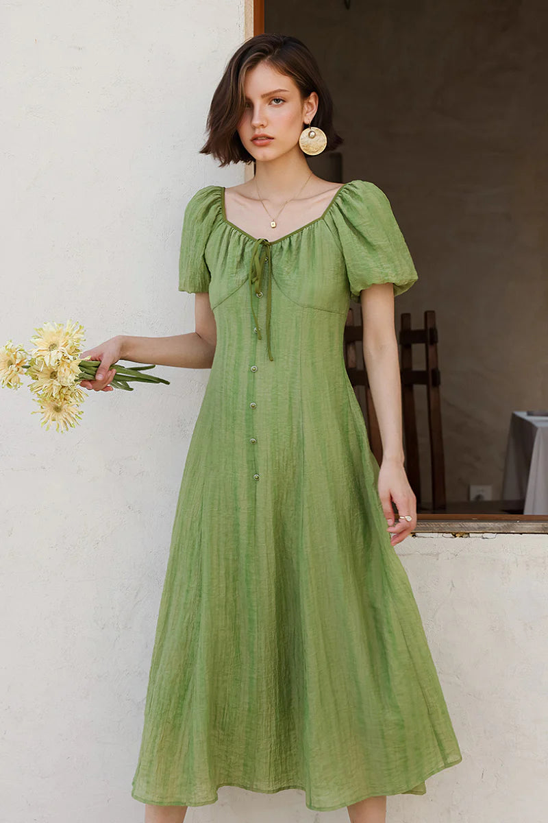Olive Green Lyocell V-Neck Puff-Sleeve Midi Dress
