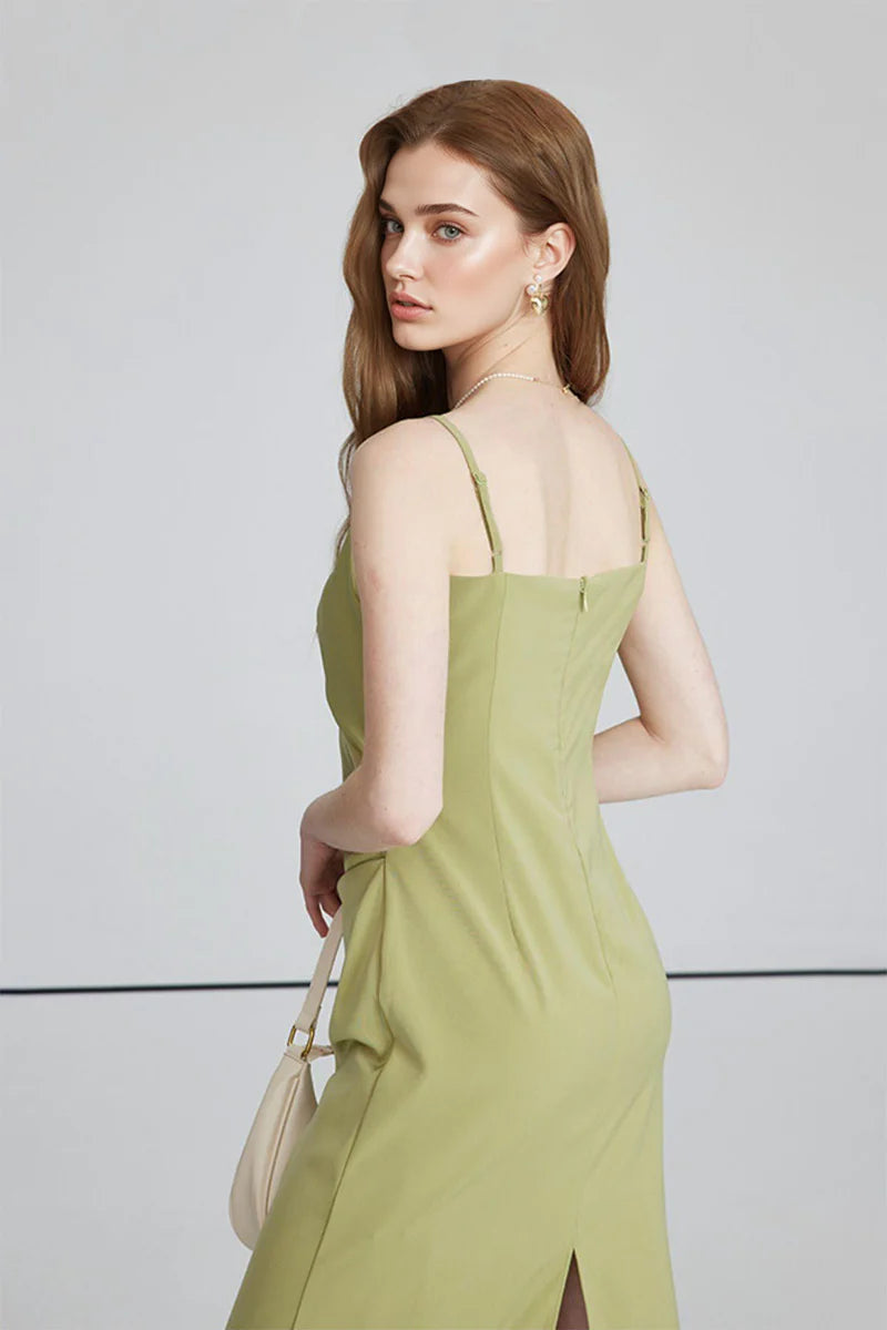 Green Spaghetti-Strap Twist-Front Midi Dress