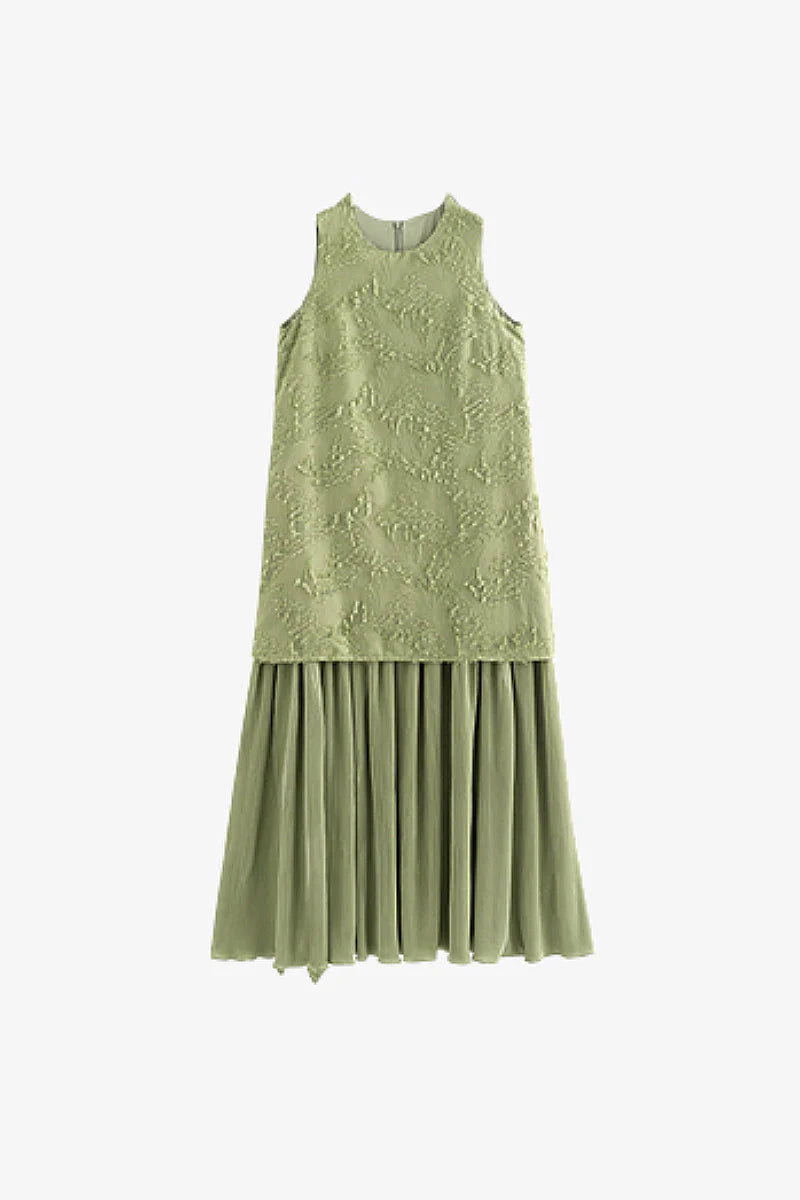 Green Frayed Jacquard Pleated Mixed-Media Midi Dress