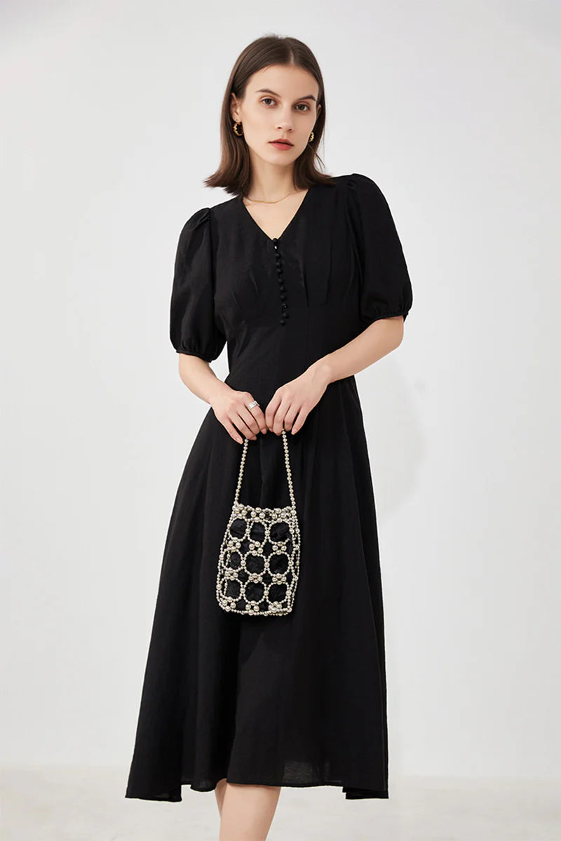 Black V-Neck A-Line Midi Dress