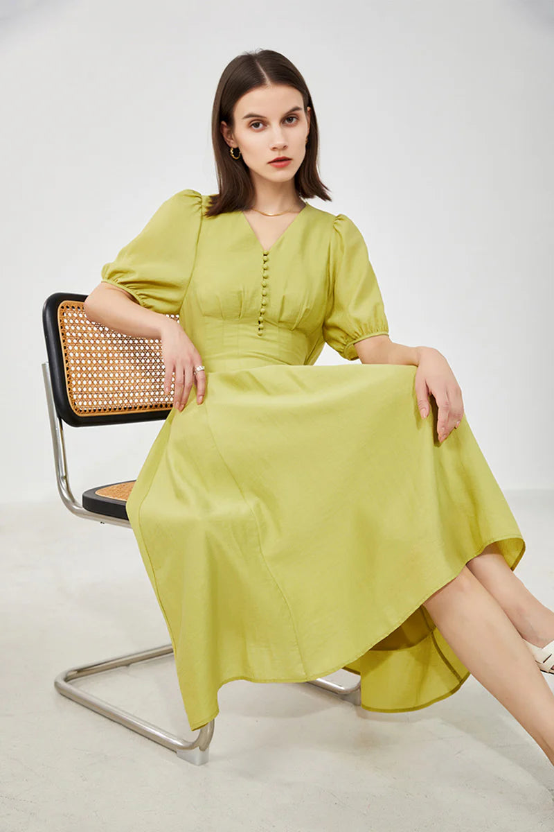 Lime Green V-Neck A-Line Midi Dress