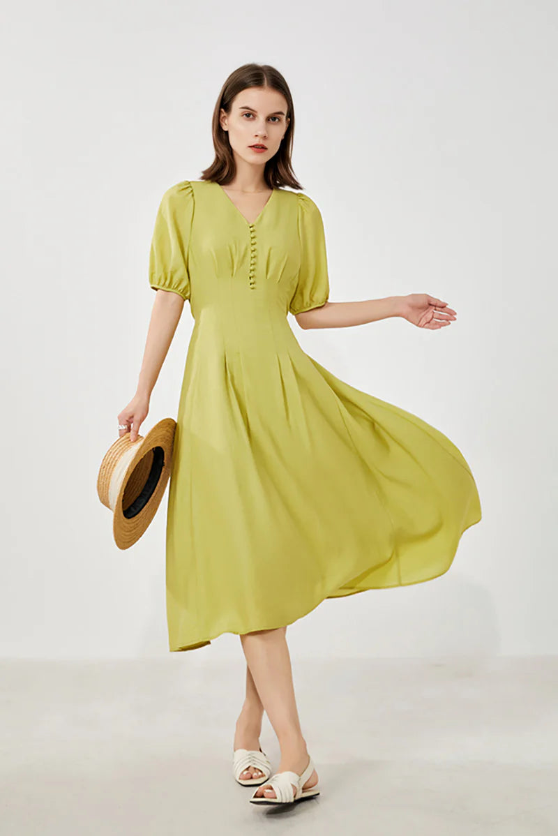 Lime Green V-Neck A-Line Midi Dress