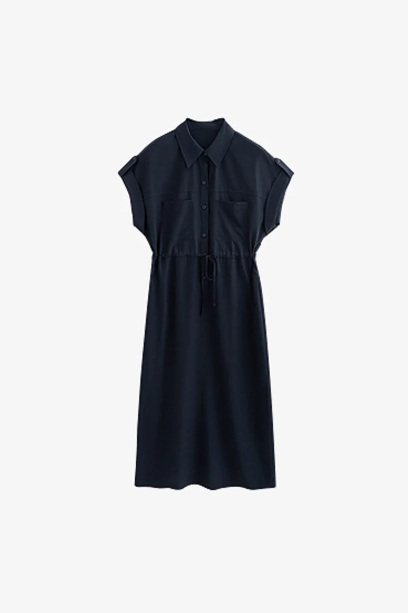 Blue Cap-Sleeve Shirt Midi Dress WIth Belt