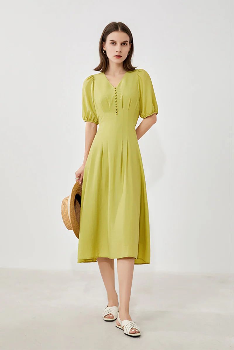 Lime Green V-Neck A-Line Midi Dress