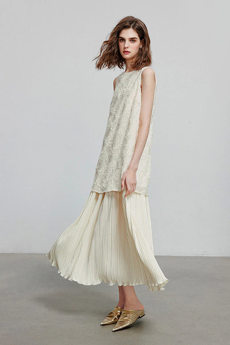 White Pleated Frayed Jacquard Mixed-Media Midi Dress