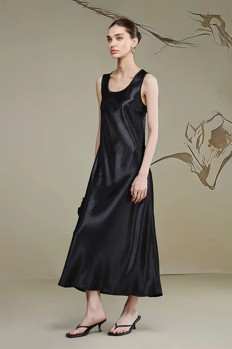 Satin Sleeveless Scoop-Neck Tank Midi Dress