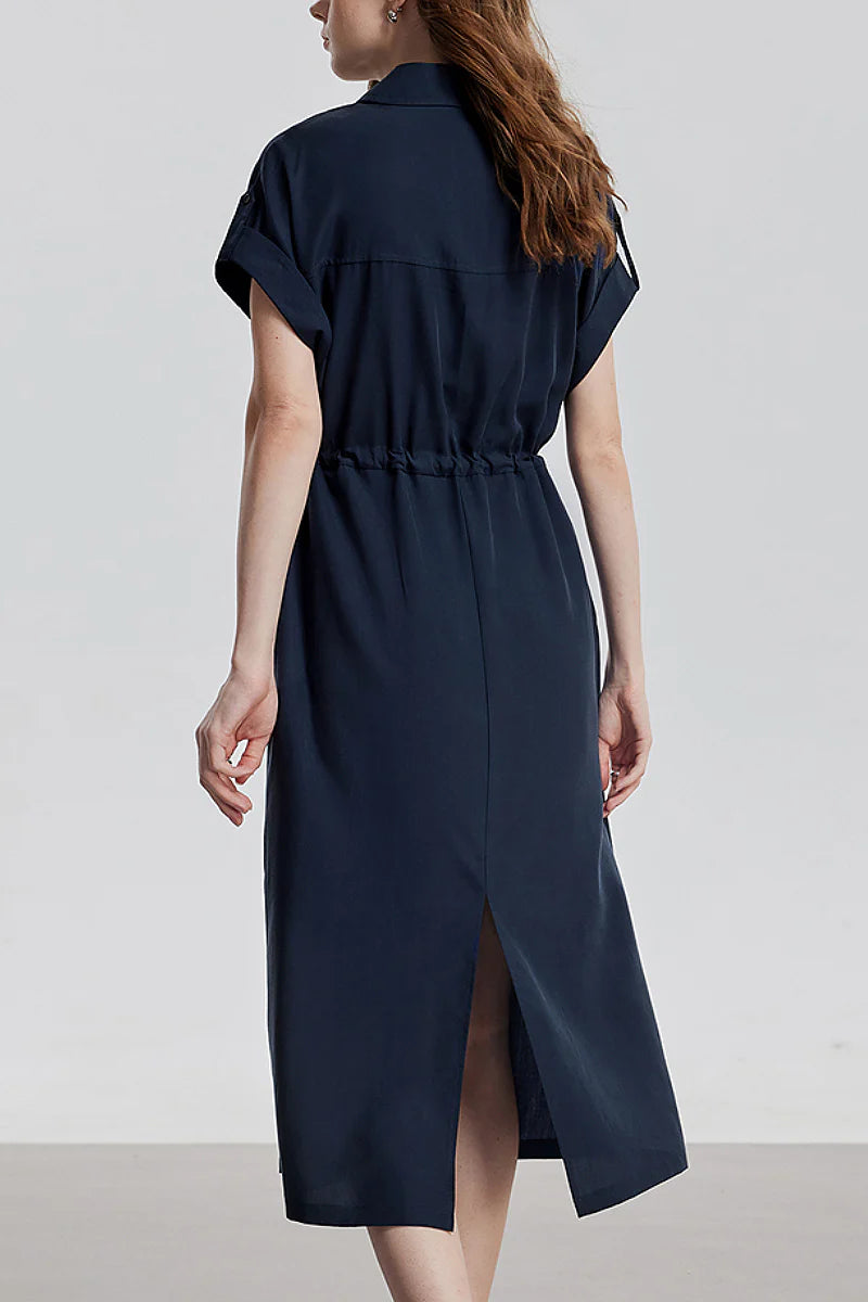 Blue Cap-Sleeve Shirt Midi Dress WIth Belt