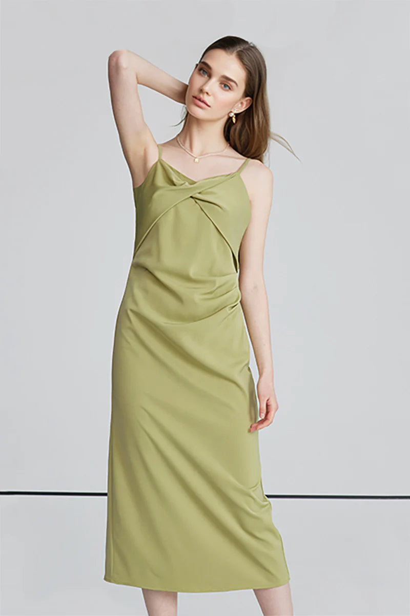 Green Spaghetti-Strap Twist-Front Midi Dress