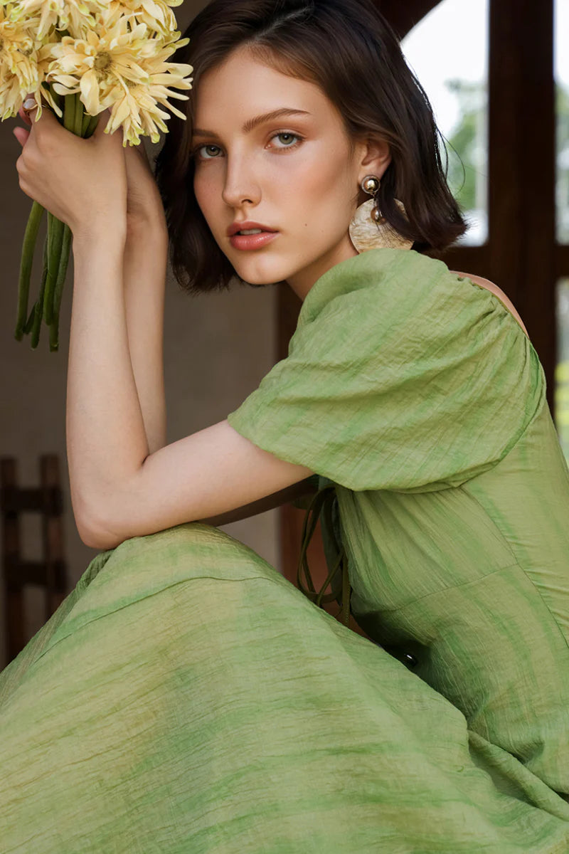 Olive Green Lyocell V-Neck Puff-Sleeve Midi Dress