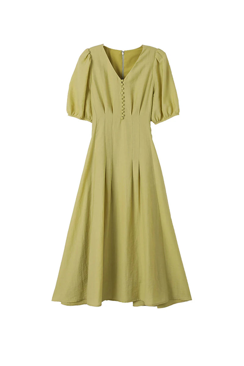 Lime Green V-Neck A-Line Midi Dress