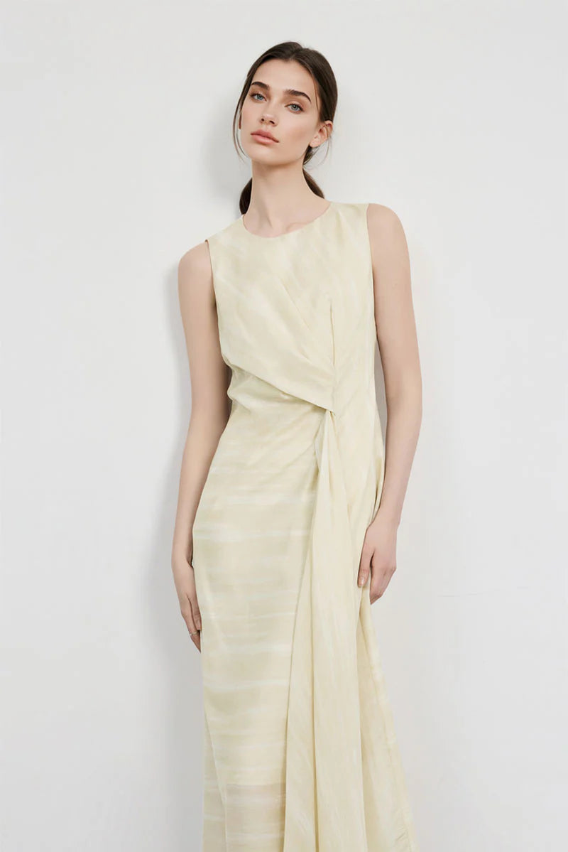 Draped Sleeveless Midi Dress in Yellow Ombre