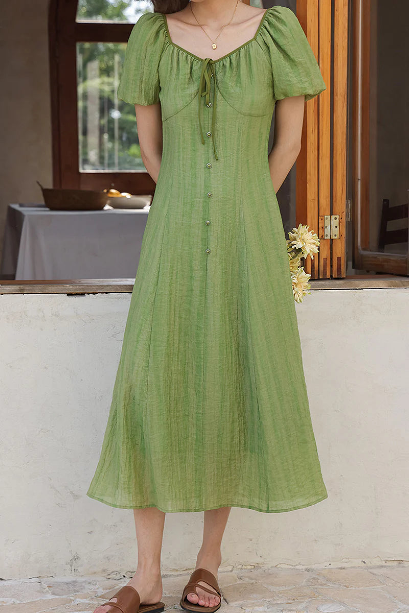 Olive Green Lyocell V-Neck Puff-Sleeve Midi Dress