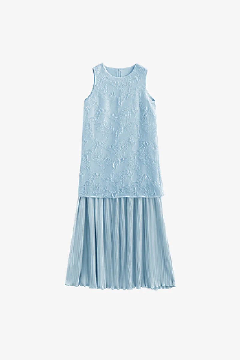 Blue Frayed Jacquard Pleated Mixed-Media Midi Dress