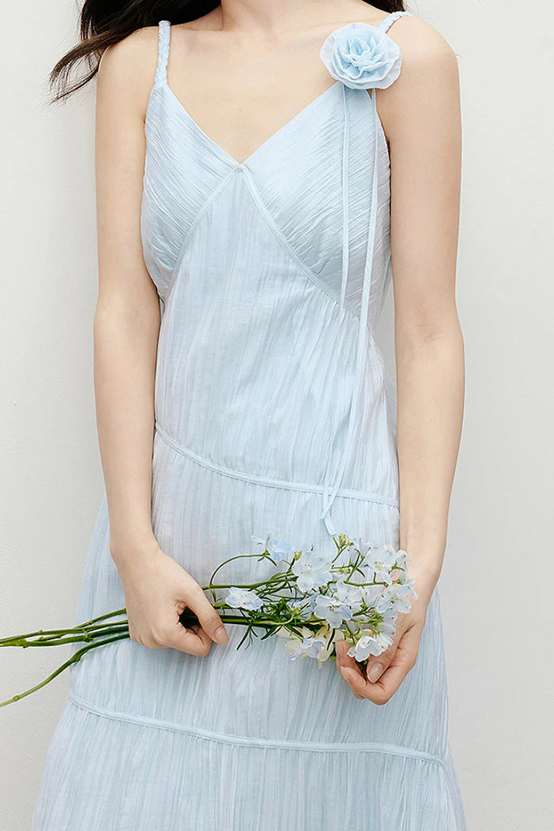 Baby Blue V-Neck Spaghetti-Strap Textured Midi Dress