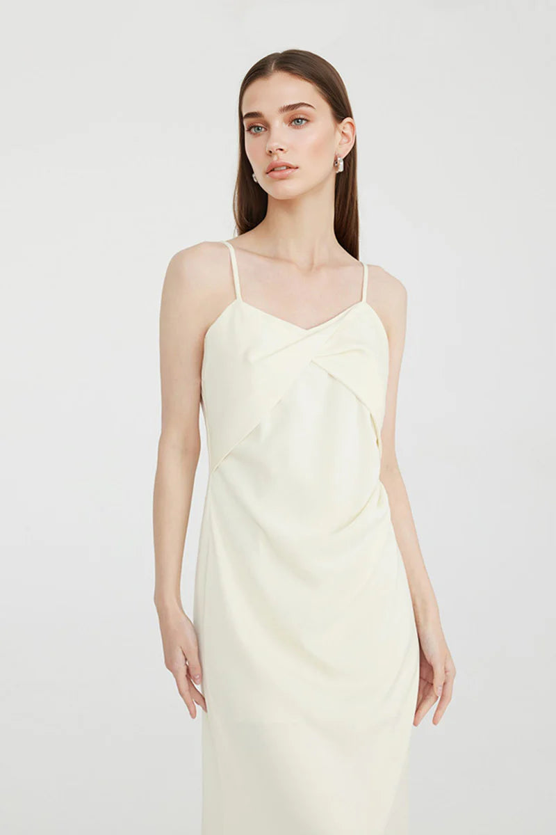 White Spaghetti-Strap Twist-Front Midi Dress