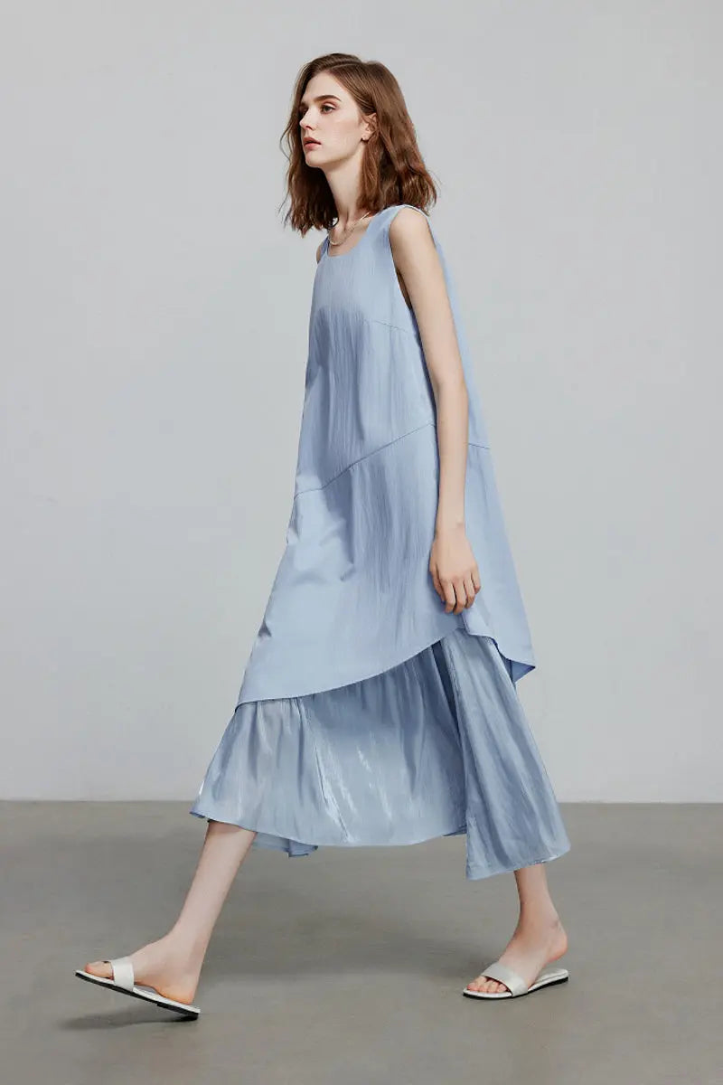 Blue Flowy Asymmetrical Sleeveless Trapeze Midi Dress