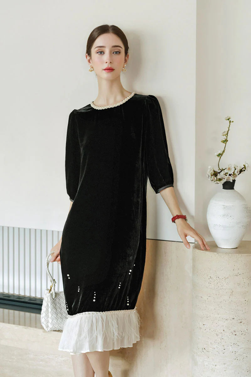 Ostrich-Feather Velvet Elbow-Sleeve Midi Dress with Pearl Trim