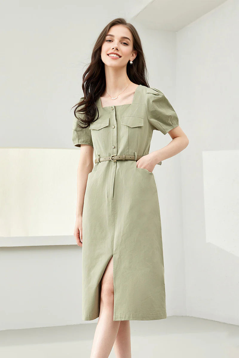 Sage Green Cargo Square-Neck Belted Midi Dress