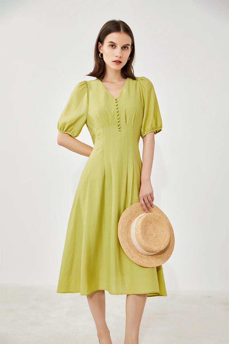 Lime Green V-Neck A-Line Midi Dress