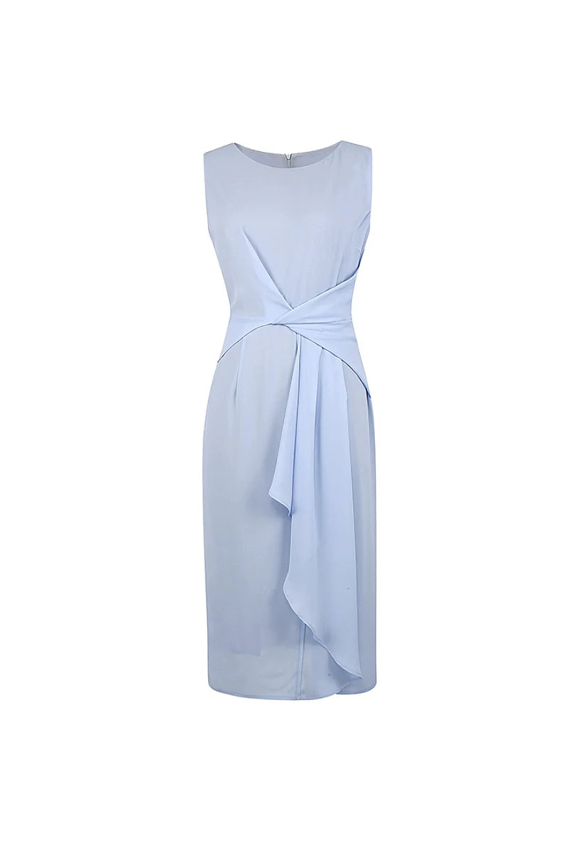 Light Blue Sleeveless Draped Midi Dress