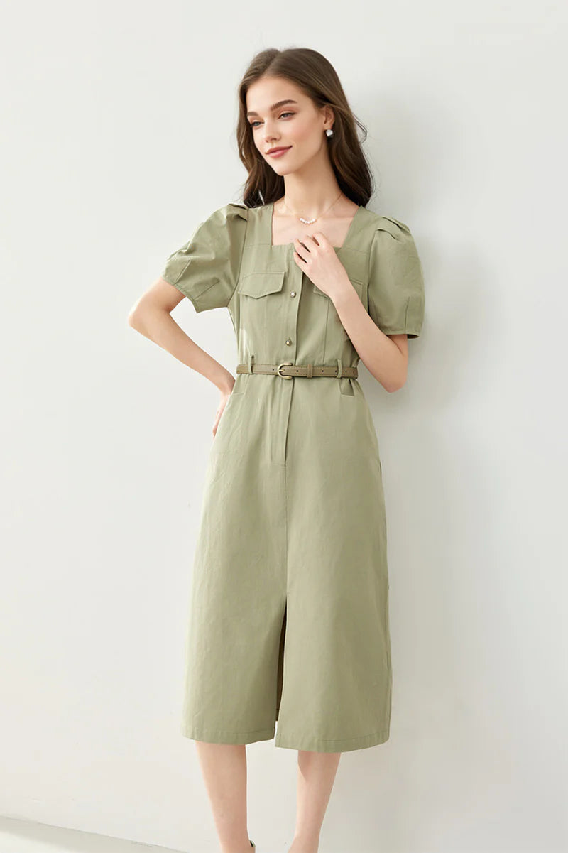 Sage Green Cargo Square-Neck Belted Midi Dress
