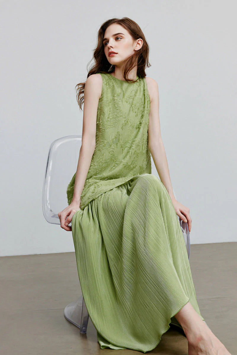 Green Frayed Jacquard Pleated Mixed-Media Midi Dress