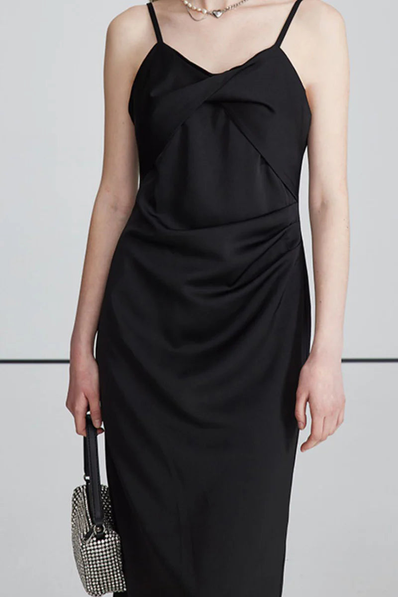 Black Spaghetti-Strap Twist-Front Midi Dress