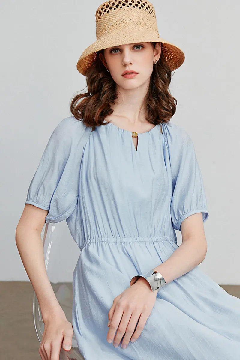 Baby Blue Textured Vacation Midi Dress with Beaded Neckline