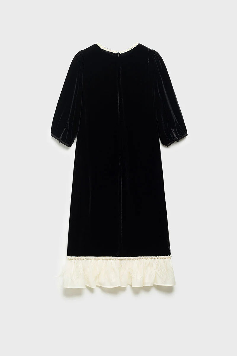 Ostrich-Feather Velvet Elbow-Sleeve Midi Dress with Pearl Trim