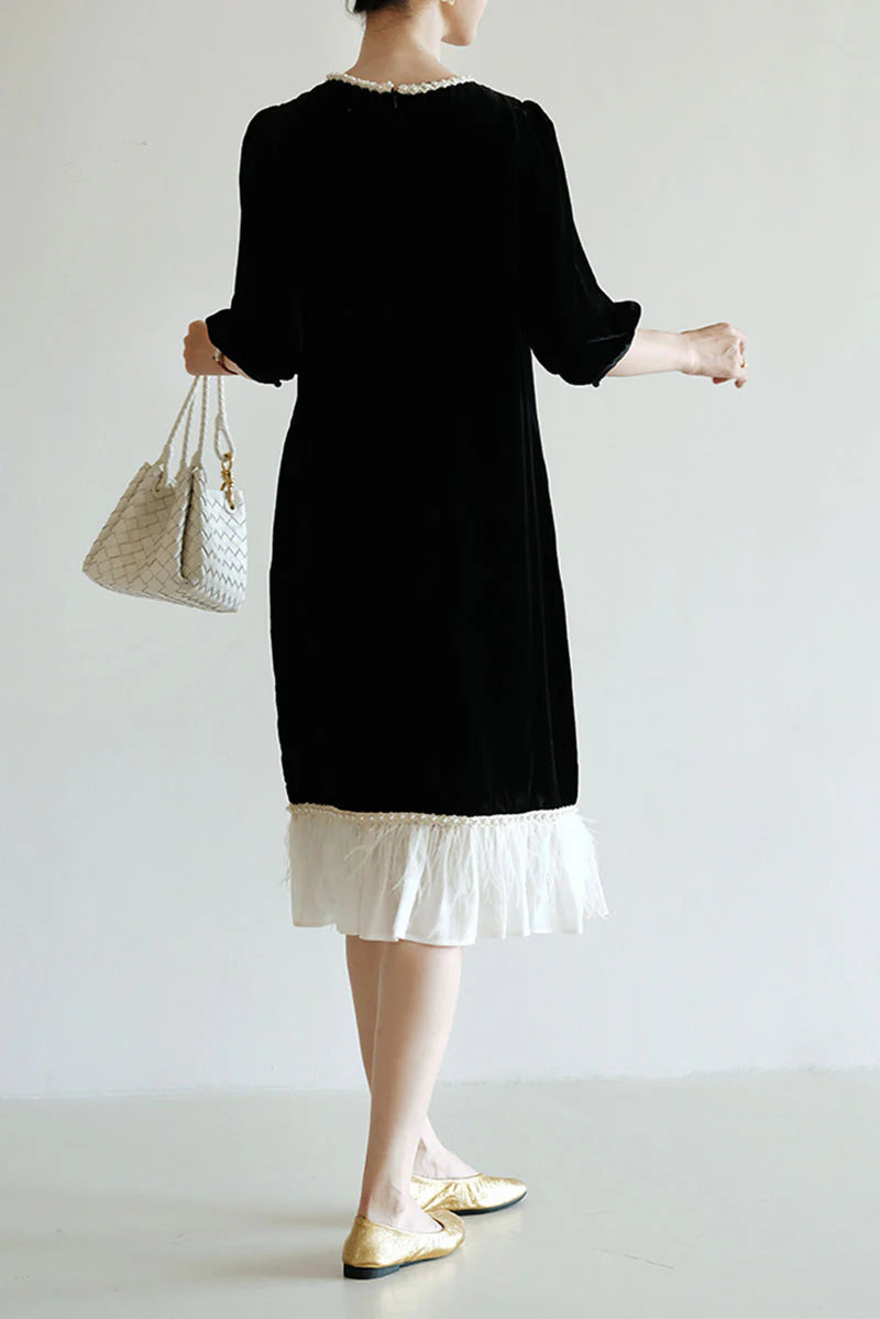 Ostrich-Feather Velvet Elbow-Sleeve Midi Dress with Pearl Trim