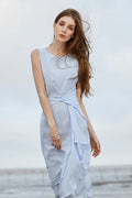 Light Blue Sleeveless Draped Midi Dress